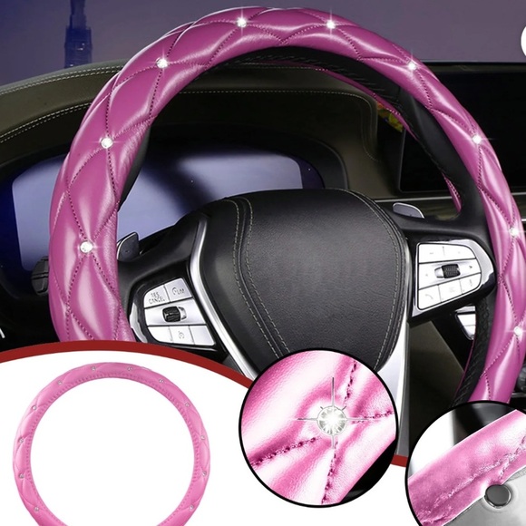 Pink Leather Rhinestone Steering Wheel Cover, new - Picture 4 of 5